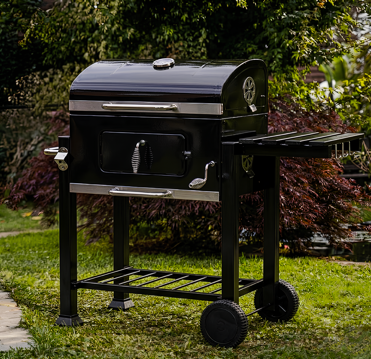 Barbecue chariot charbon de bois avec grilles et étagères | Nomad