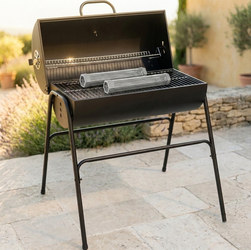 Barbecue baril à charbon avec 2 tubes fumoirs à pellets | Baron