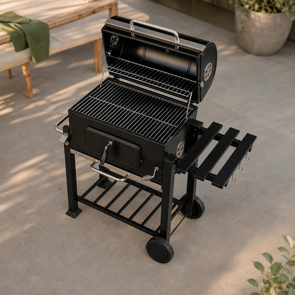 Barbecue chariot charbon de bois avec grilles et étagères | Nomad
