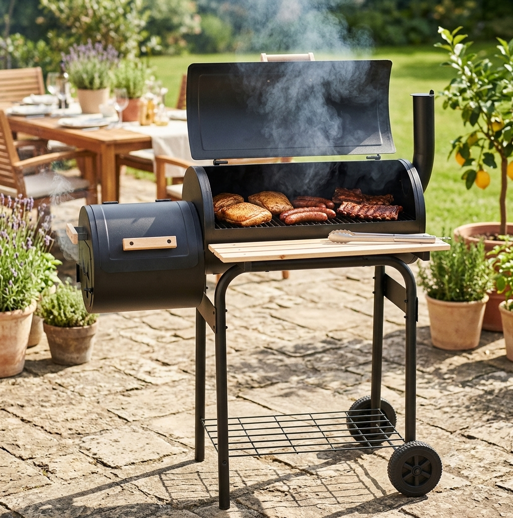 Fumoir barbecue charbon avec foyer latéral et thermomètre | Smoky