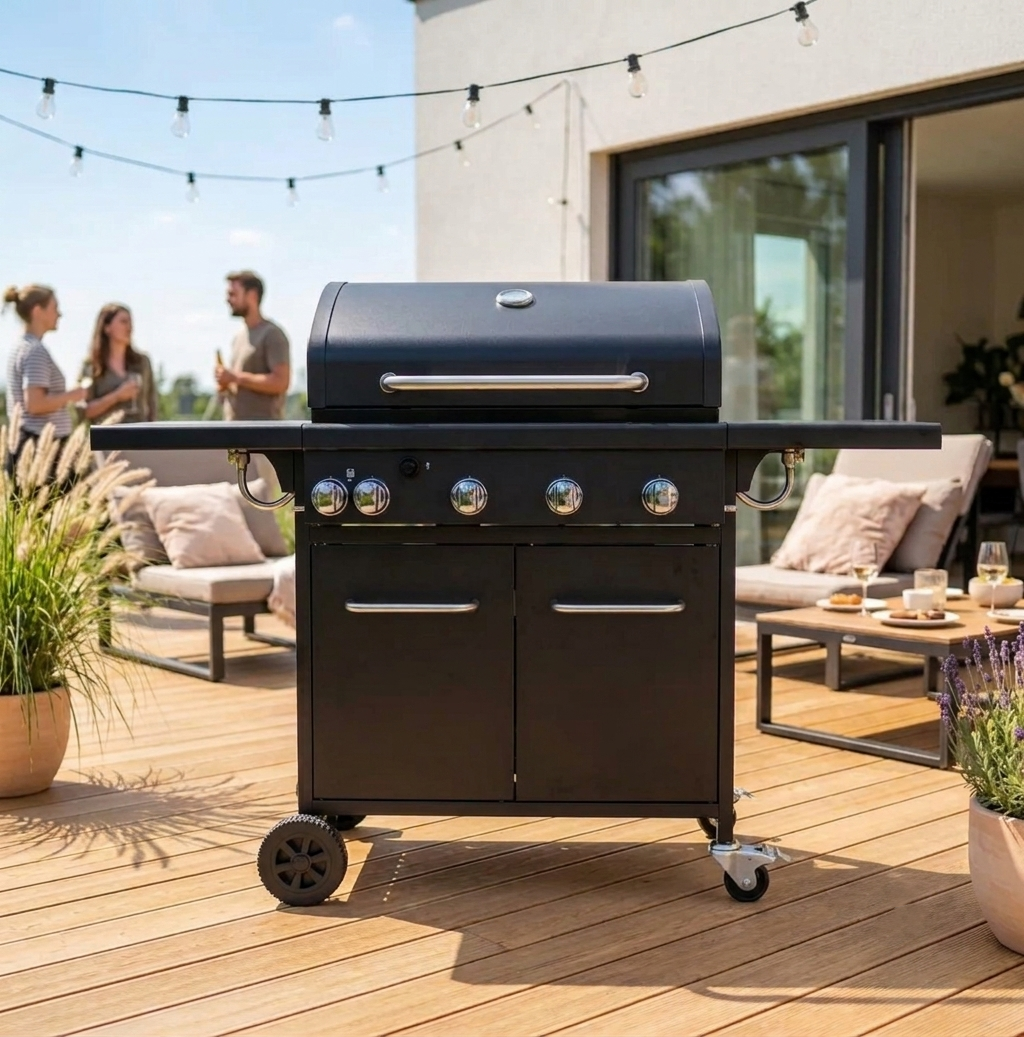Barbecue à gaz 5 brûleurs avec réchaud latéral sur chariot | Titan