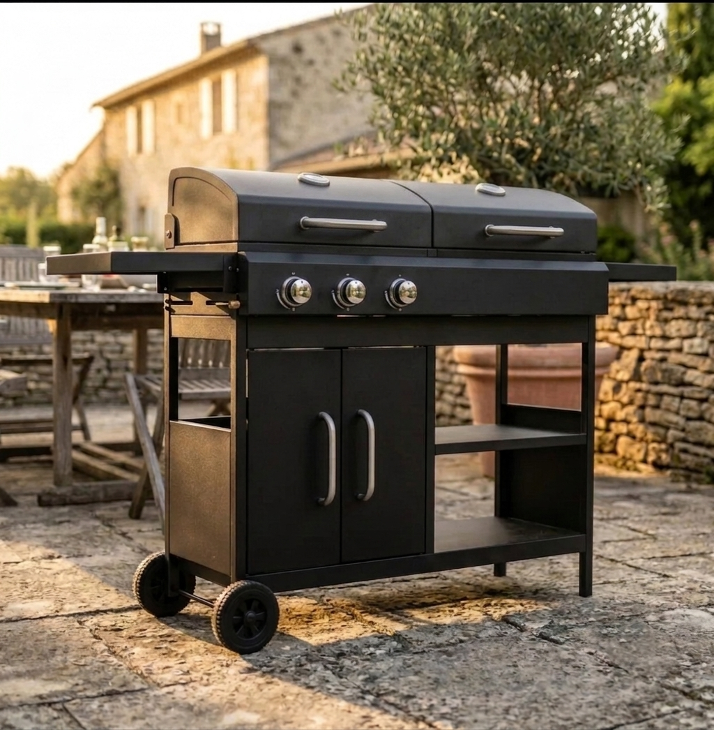 Barbecue combiné gaz et charbon 3 brûleurs sur chariot | Vulcano
