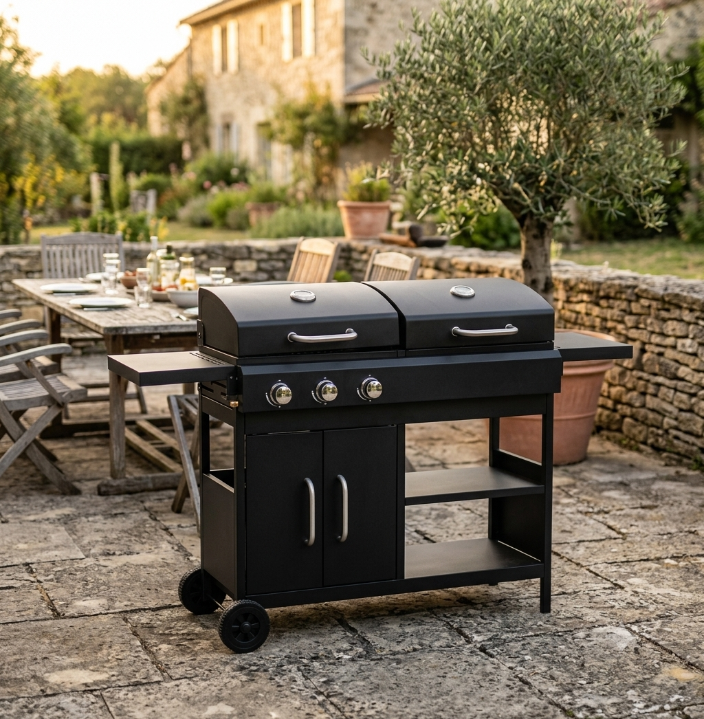 Barbecue combiné gaz et charbon 3 brûleurs sur chariot | Vulcano