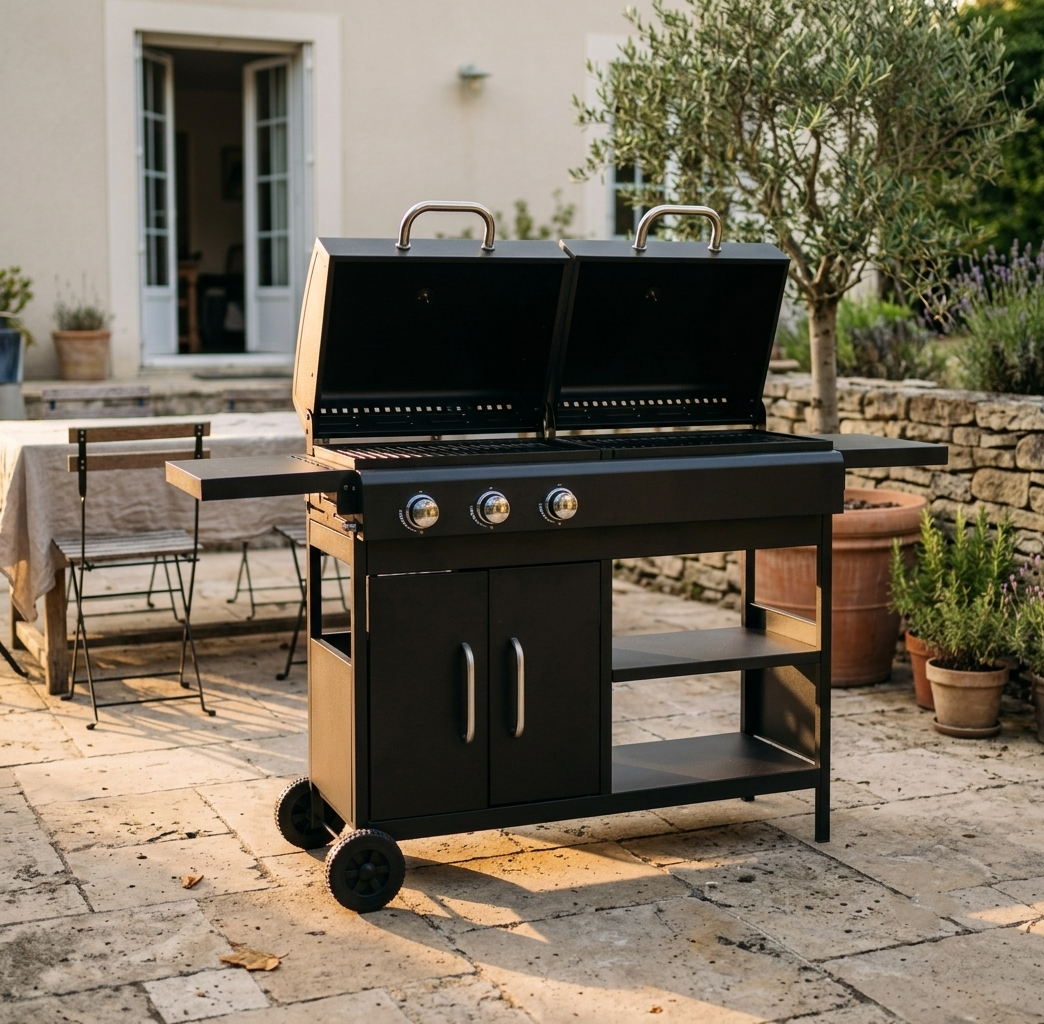 Barbecue combiné gaz et charbon 3 brûleurs sur chariot | Vulcano
