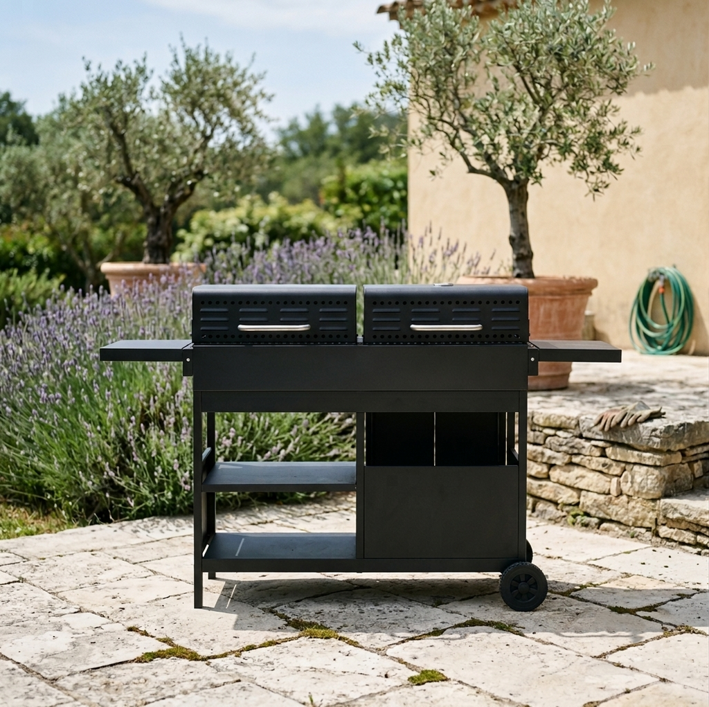 Barbecue combiné gaz et charbon 3 brûleurs sur chariot | Vulcano