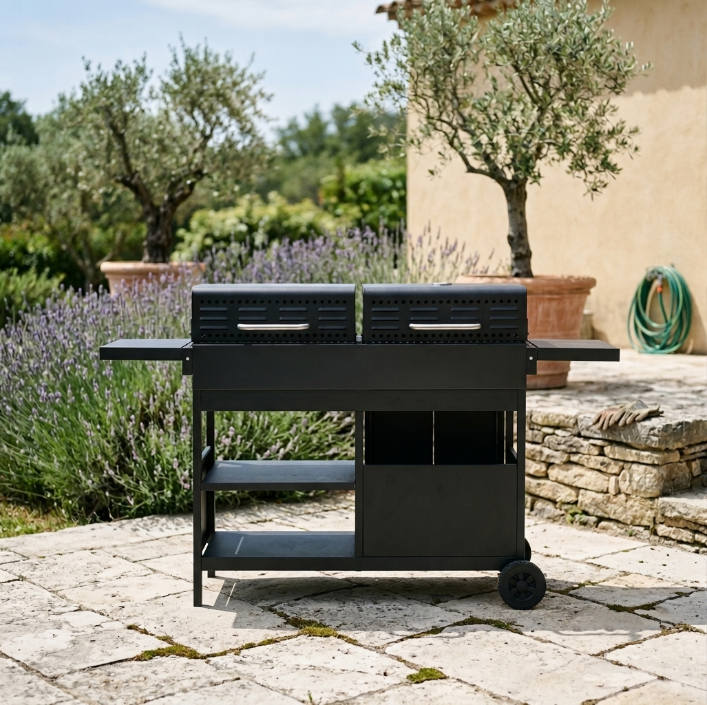 Barbecue combiné gaz et charbon 3 brûleurs sur chariot | Vulcano